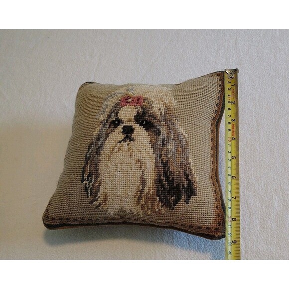Wool Needlepoint Shih Tzu Dog Throw Pillow Cushion 10x10 Handmade - Picture 3 of 5